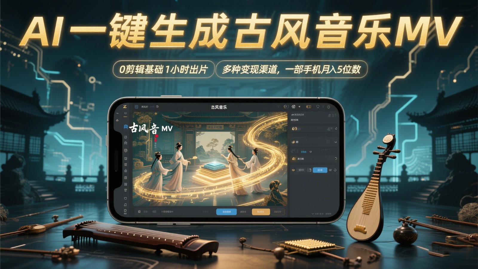 AI一键生成古风音乐MV,0剪辑基础1小时出片,多种变现渠道,一部手机月入5位数比牛网网赚学习知识比牛网